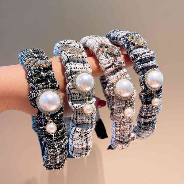 

barrettes hairpin korean ins ~ xiaoxiangfeng mixed color cashmere lattice hair hoop fold large intestine rhinestone letter head jewelry, Golden;silver