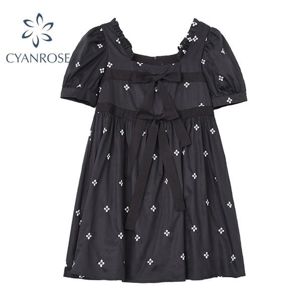 

women flower print loose dress summer fashion vintage preppy style square collar bow bandage casual female mini dresses 210430, Black;gray