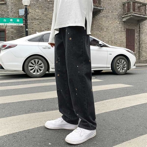 

star embroidery black jeans men's fashion brand straight tube loose hiphop fried street pants over size wide leg pants 211104, Blue
