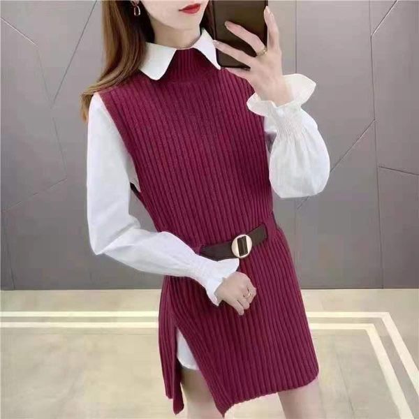 

women's tracksuits 2022 spring autumn lantern sleeve shirt knitted vest two piece sets of college style waistband top, Gray