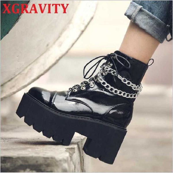 

xgravity new ladies punk boots fashion thick sole platform shoes pu patent women autumn winter martin boots warm shoe s119 210429, Black