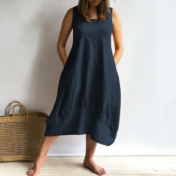 

casual dresses summer linen dress women sleeveless beach pocket loose female o-neck plus size fashion clothing r5, Black;gray