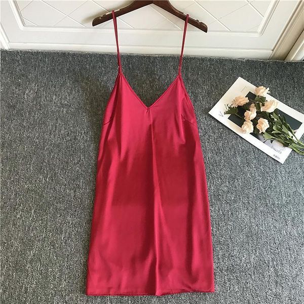 

sleepwear women soft satin burgundy sleepdress faux silk night dress spaghetti strap nightgown deep v lingerie homewear, Black;red