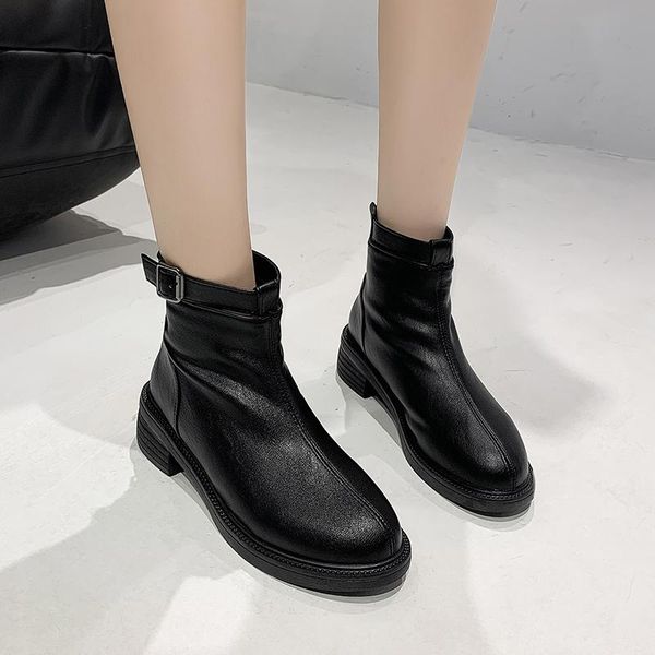 Salto médio de metal sapatos femininos botas de tornozelo preto fivela dedo do pé redondo ao ar livre elegante couro do plutônio grosso curto 112