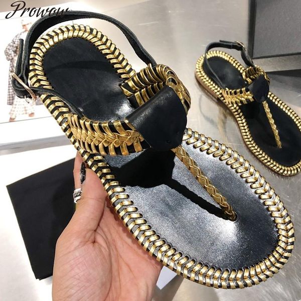 

sandals prowow metal edge woman shoes buckle strap rome flats summer cool pinch fashion casual women 2021, Black