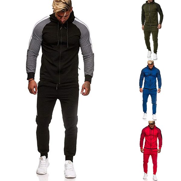 

men's tracksuits sports suit striped patchwork hooded sweatpants two piece european size, Gray