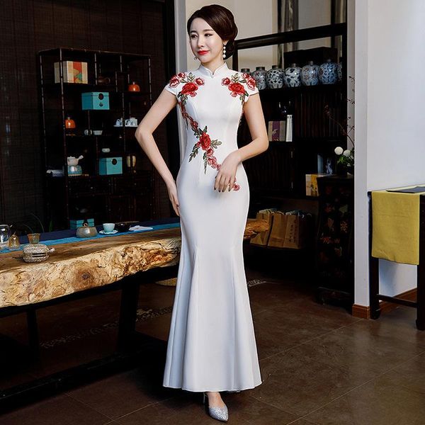 

ethnic clothing women flower bride prom party dress gown elegant mandarin collar vintage button qipao chinese satin cheongsam big size vesti, Red