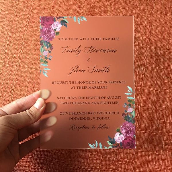 

greeting cards 50 pieces per lot beautiful burgundy floral watercolor style 5x7inch frosted acrylic wedding invitation card