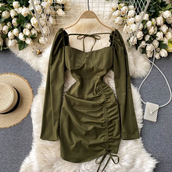 

dresses vintage square collar long sleeve green drawstring mini dress women elegant high waist bodycon vestidos female new spring summer, Black;gray
