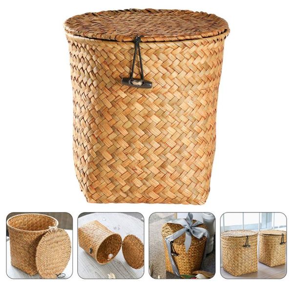 

buckets 1pc sundries storage basket straw woven bucket for home small trash can