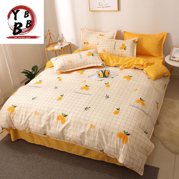 

bedding sets cartoon 3/4pcs fruits set yellow quilt cover pillowcase bed sheets good quality twin full  king cute home textiles