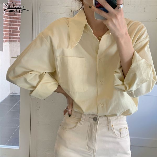 

long sleeve vintage women blouse and casual loose solid female shirt button turn down collar blusas mujer 13144 210508, White