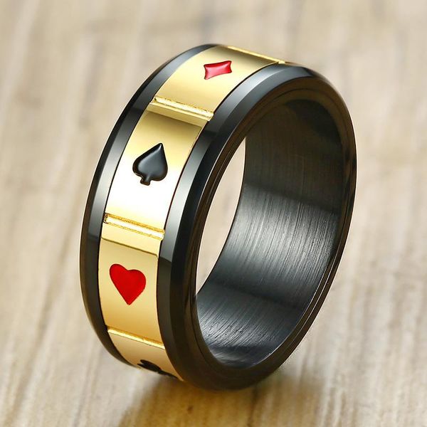 

cluster rings unique poker suit design rotatable punk ring 8mm black color stainless steel men lucky male party jewelry gift, Golden;silver