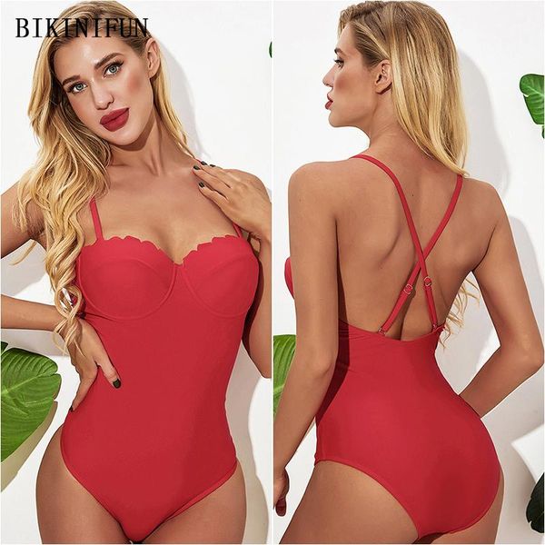 

solid red swimsuit women push up beachwear cross back straps swimwear s-xl girl backless one piece suit monokini one-piece suits