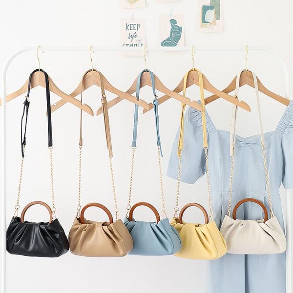 

evening bags korean fashion chain wooden clip casual fold pu leather shoulder bag handbags for women 2021 female vintage crossbody