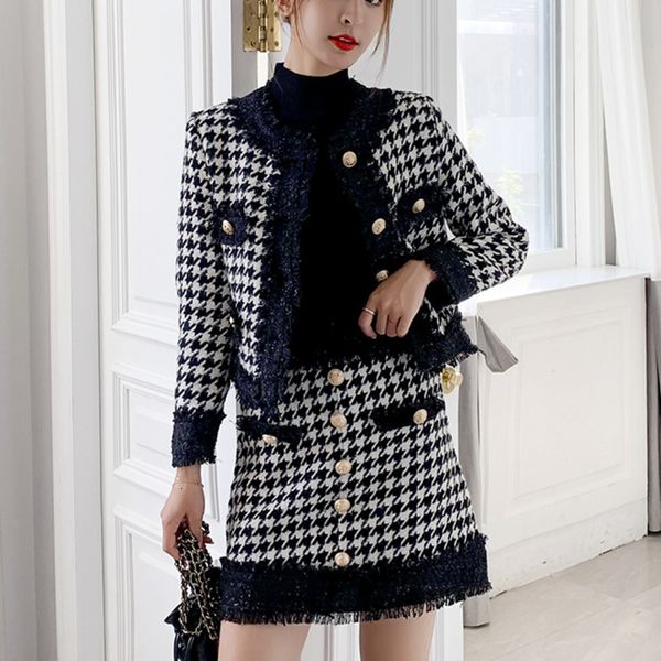

skirts winter houndstooth 2nd female piece of wool tweed harvest plaid coat + button skirt short two pieces together, Black