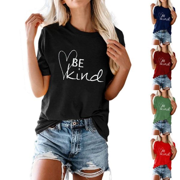 

women's t-shirt european and american love be kind letter round neck short sleeve, White