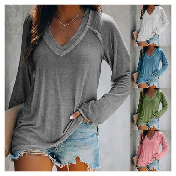 

women's t-shirt solid color long sleeve v-neck splicing casual large tshirt for women office lady korean clothes, White