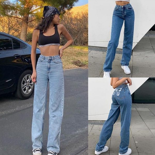 

women's big butterfly print drape straight jeans casual pants, Blue