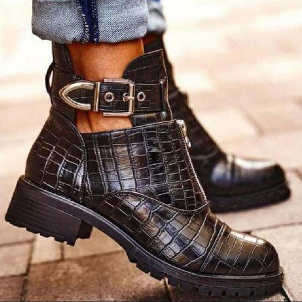 

boots woman platform ladies motorcycle cowboy women pu leather high heels short booties ankle botas zipper shoes, Black