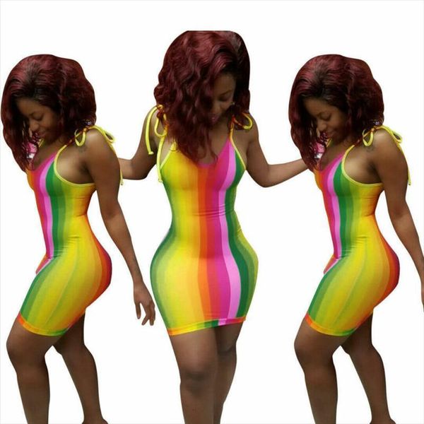 

fashion pasta rainbow women dress stripe skinny sleeveless bodycon slim summer mini clubwear, Black;gray