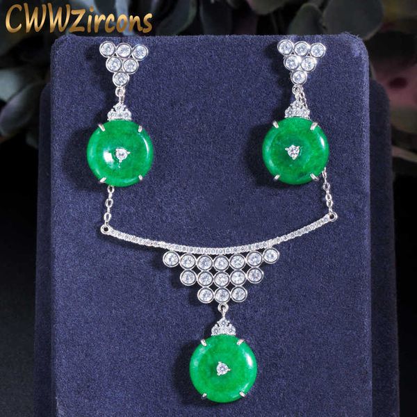 

green cubic zirconia stone round dangle drop earring and necklace jewelry set for women engagement party t441 210714, Silver