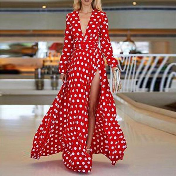 

casual dresses polka dots split maxi dress women bohemian autumn high waist pleated fashion runway big swing long, Black;gray