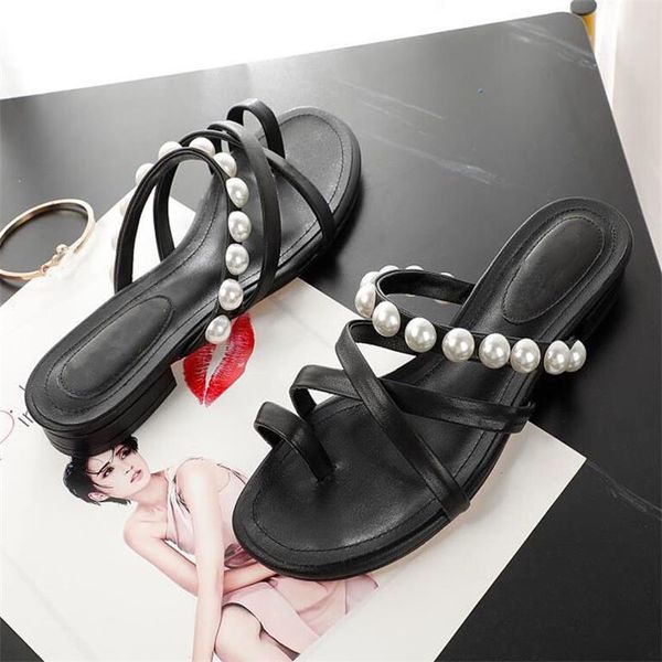 

summer women's sandals, comfortable designer flat slippers, fashionable and beautiful leather pearl decoration casual flip flops office, Black