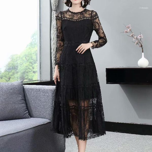 

autumn style lace hollow long sleeve party slim temperament black dress women's clothing1, Black;gray