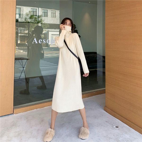 

women dresses turtleneck sleeve korean loose long knitted sweater dress, Black;gray