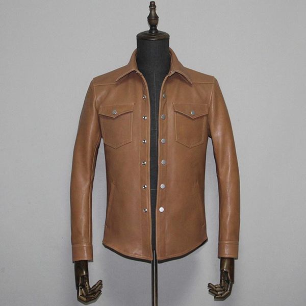 

men's leather & faux light brown 2021 casual style genuine shirt men single breasted large size 3xl natural sheepskin slim fit spring c, Black