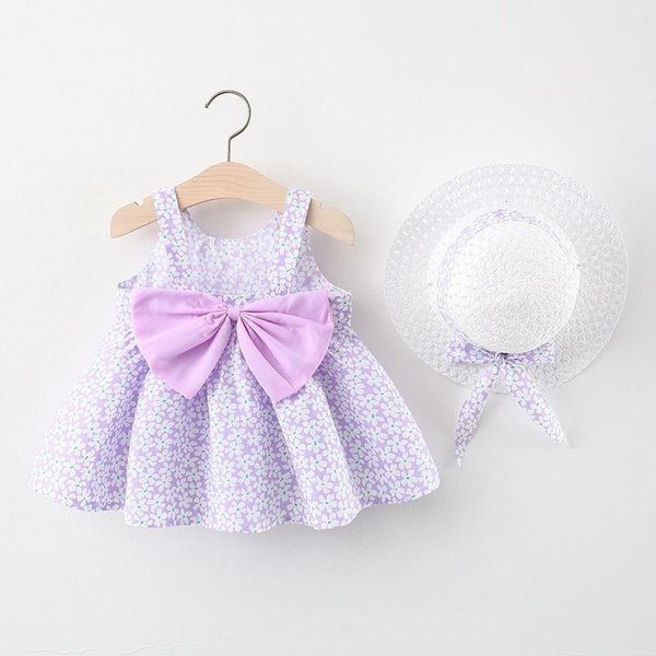 

baby girls' summer temperament bowknot floral dress blue dot flower with straw hat for travel and holiday girl's dresses, Red;yellow