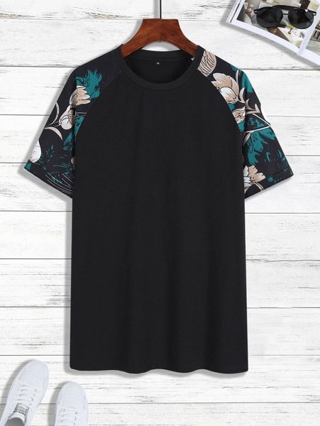 

men random floral print raglan sleeve tee l83l#, White;black