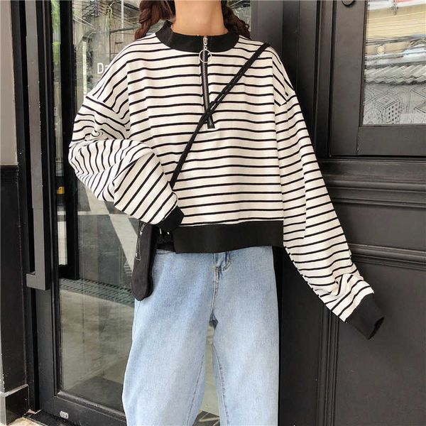 

ulzzang harajuku striped zipper short-sleeved sweatshirt women autumn fashion loose hooded o-neck casual female 210608, Black