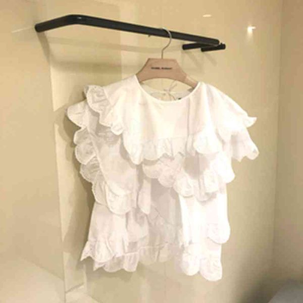 

spring/summer korean casual fashion loose women's t-shirt lace stitching lotus leaf edge short-sleeved women's t-shirt 210421, White