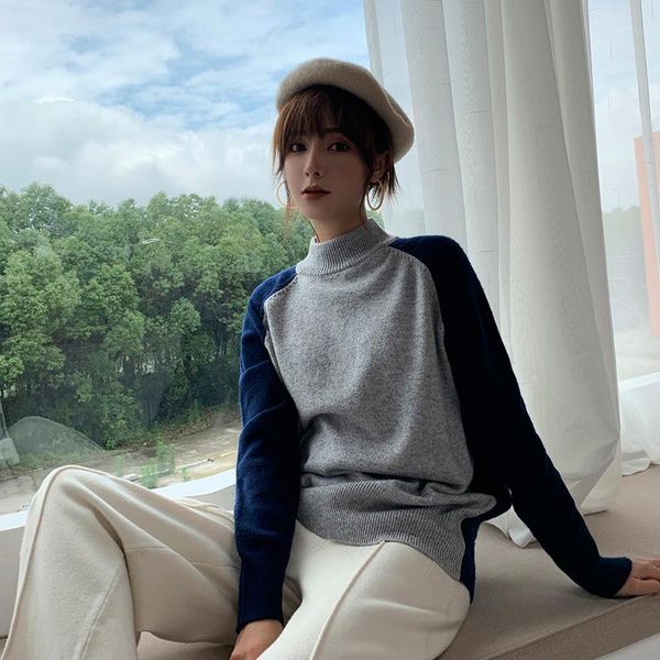 

women's sweaters 100%cashmere sweater female knitted pullover women winter sleeve splicing cashmere jumper o neck, White;black