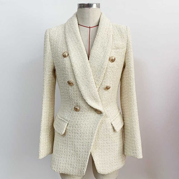 

est fall winter designer blazer women's double breasted lion buttons shawl collar thick tweed jacket 210526, White;black
