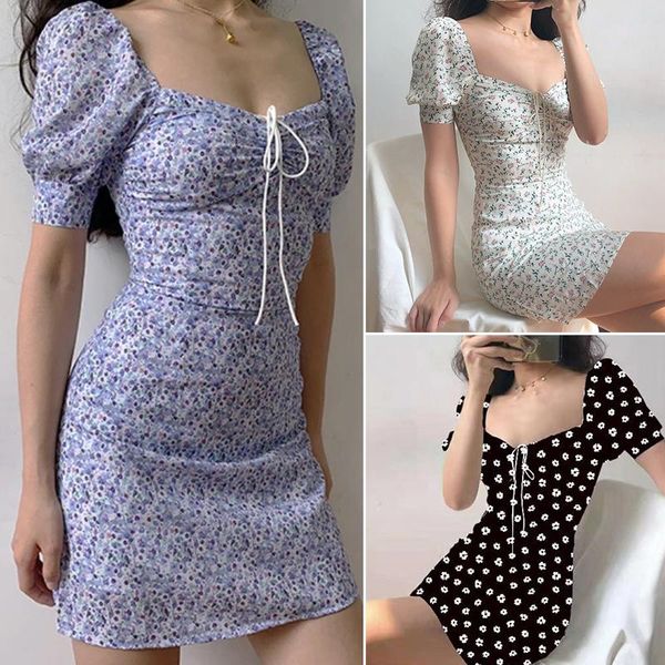 

casual dresses floral print fashion tie up wrap mini dress 2021 summer holiday ruffles sundress ruched women's short sleeve, Black;gray