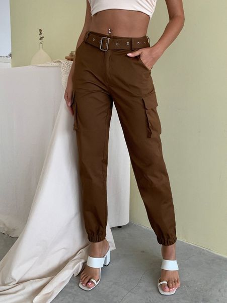 

joyfunear flap pocket belted cargo pants p6b8#, Black;white