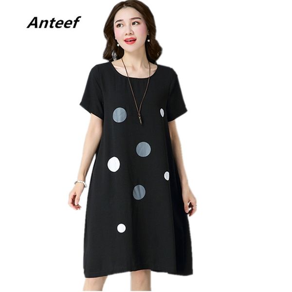 

short sleeve black cotton linen vintage polka dot women casual midi loose summer dress elegant clothes dresses sundress 210517, Black;gray