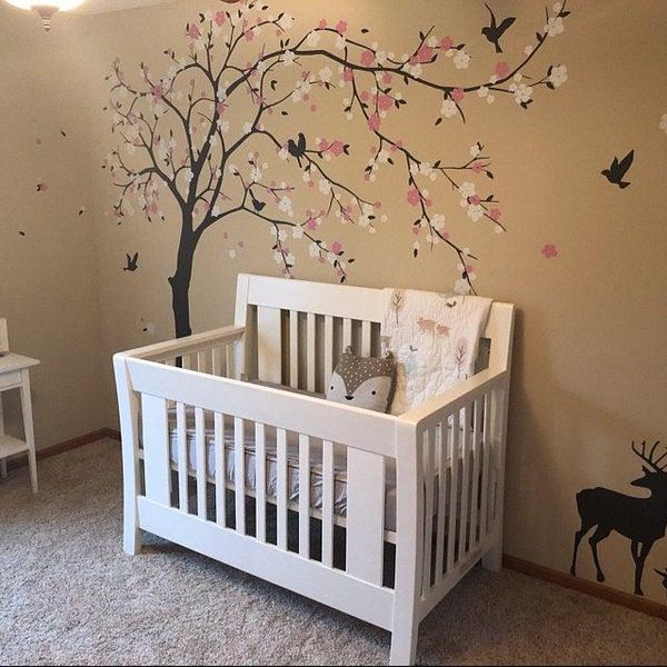 

wall stickers cherry blossoms tree decal for nursery girls room, neutral decoration, art-tree with deers and bird
