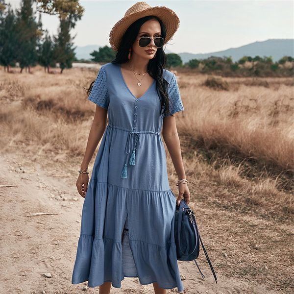 

2021 spring new solid color knitted casual short sleeve v neck tassel bandage for woman summer button dress, Black;gray