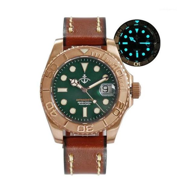 

wristwatches hruodland 2021 fashioned bronze antimagnetic luminous diving sports automatic mechanical leather waterproof 20 atm, Slivery;brown