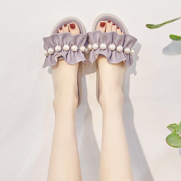 

slippers women summer luxurious artificial leather 2021 fashion pearl decoration beef tendon soft bottom beach shoes hausschuhe, Black