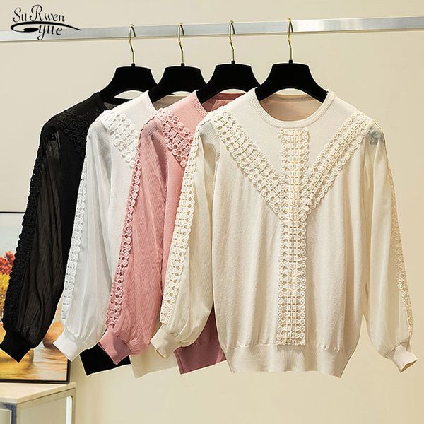 

spring autumn fashion loose lantern long sleeve ladies women lace shirt knitwear casual knitted blouse blusas 11729 210521, White