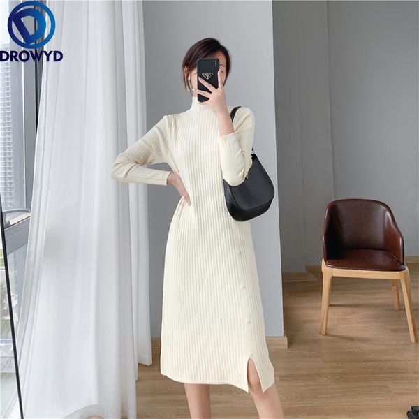 

casual dresses 2021 autumn/winter korean mid-length dress with knitted slits loose half turtleneck sweater women stretch pullover, Black;gray