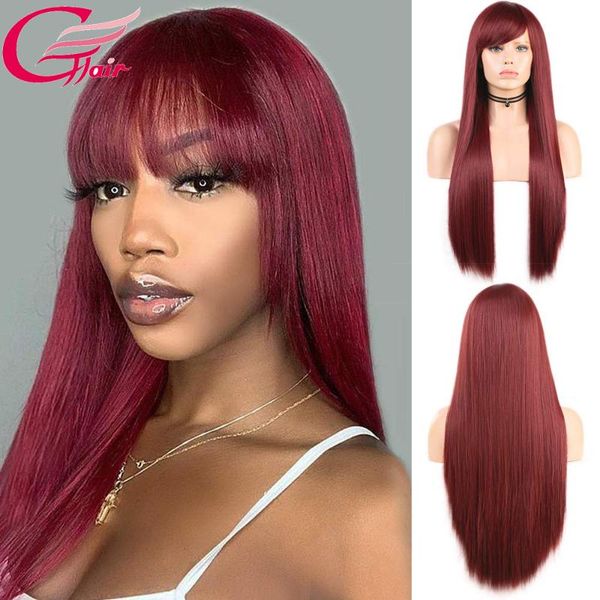 

red color wigs silky straight with bangs for women natural looking full machine made synthetic wig daily use cosplay, Black