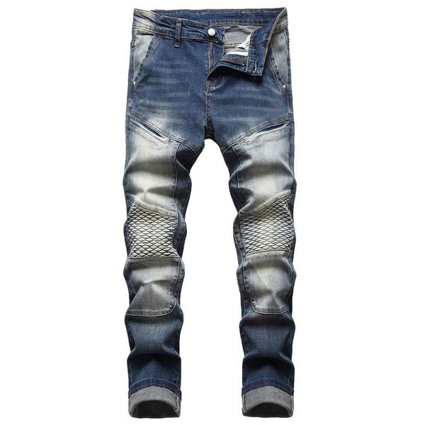 

men's jeans locomotive personality wrinkled slim stretch tide european and american brand, Blue