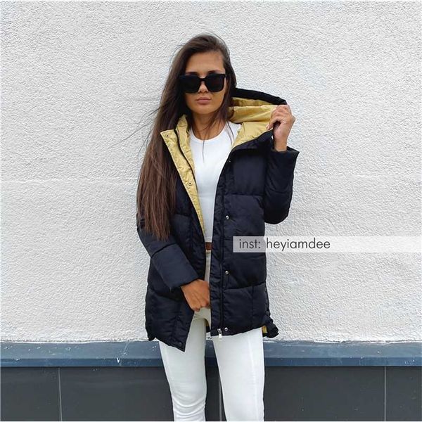

winter jacket style cotton-padded women's mid-length loose hooded thick down bread 211008, Black