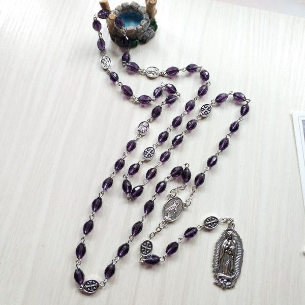 

pendant necklaces love cube shape purple rosary necklace virgin mary cross jewelry baptism beads christ jesus prayer count bead, Silver